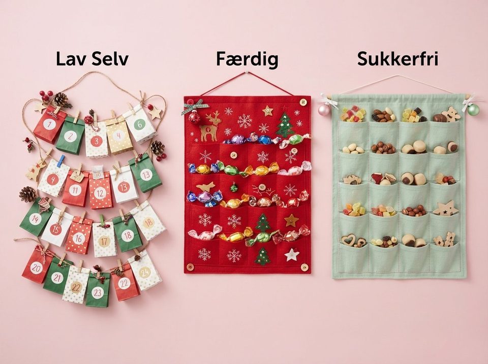 Illustration til afsnittet: Slik julekalender: selvlavet og færdig side om side