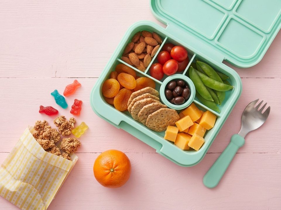 Illustration til afsnittet: Tjekliste: snacks til madpakken, der holder sig i tasken